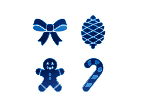 Sweet winter treats and ornaments icons with blue gingerbread and candy cane.