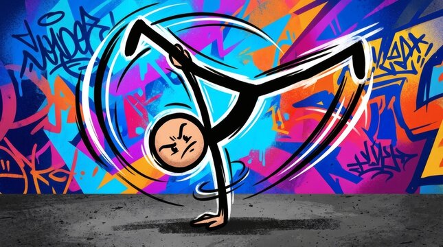 Dynamic graffiti art featuring a breakdancer in vibrant urban setting