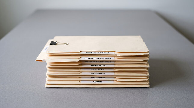 Stack of vintage manila file folders with labels on a grey desk