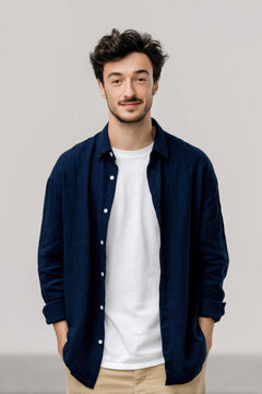 Young man dark wavy hair casual shirt white t shirt beige pants confident smile studio