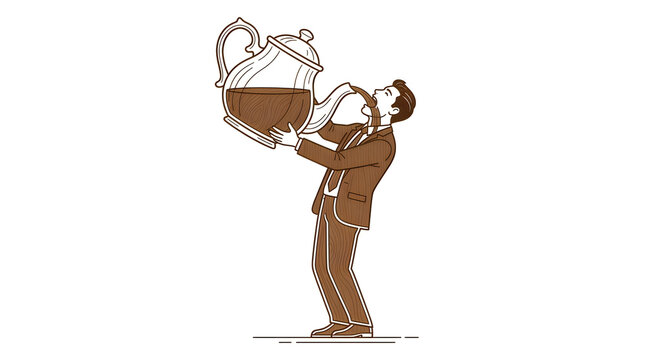 Businessman drinking coffee from a large glass pitcher illustration