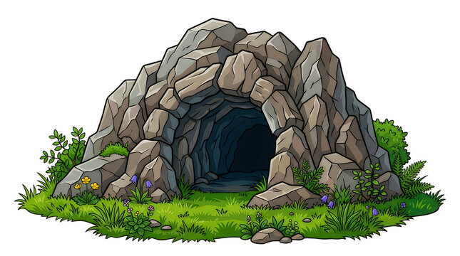 Cartoon stone cave entrance with grass and plants illustration