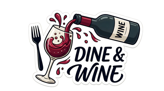 Red wine pouring into a glass with a fork and text label illustration