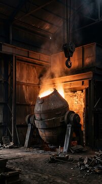 Industrial metal foundry with large glowing steel melting pot under heavy crane hook machine.