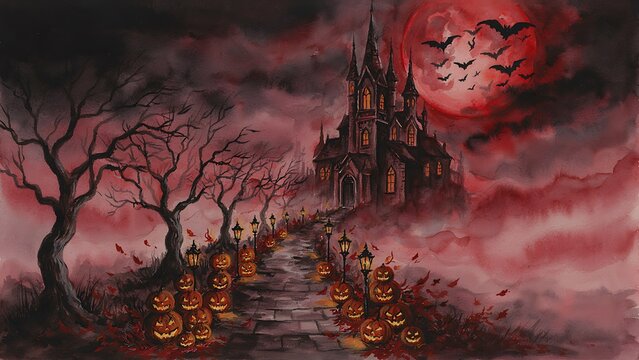 A dark watercolor artwork depicts a gothic haunted castle along a cobblestone path lined with glowing jack-o'-lanterns under a crimson blood moon, created with generative AI.