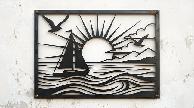 Metal wall art with sailboat at sunset on the ocean illustration