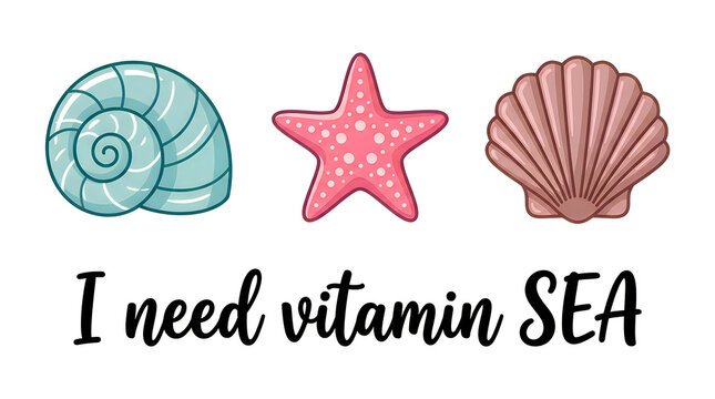 Cute sea shells and starfish with i need vitamin sea text illustration