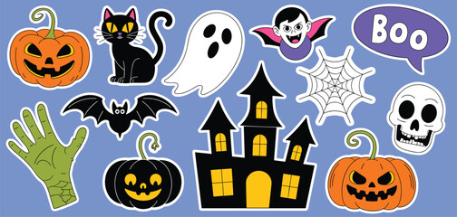 Fototapeta premium Halloween sticker set with jack-o'-lanterns, black cat, ghost, vampire, haunted house, and skull, on blue background