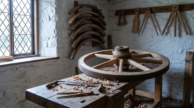 Wooden carriage wheel construction on workbench with hand tools in traditional workshop.