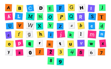 Alphabet letters and numbers printed on colorful paper scraps are arranged neatly in rows against a transparent surface to create a playful typography education design. © imdad