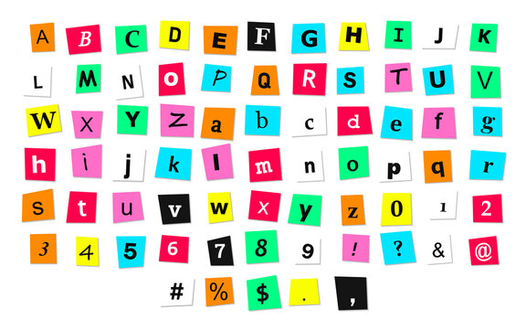 Colorful ransom note letters, numbers, and punctuation symbols cut from bright neon paper are laid out in rows on a solid transparent background as graphic design elements.