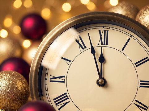 Classic clock showing near midnight with Christmas decorations  