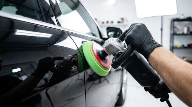 Professional car detailer polishing black paintwork of vehicle with green foam pad and rotary buffer machine.