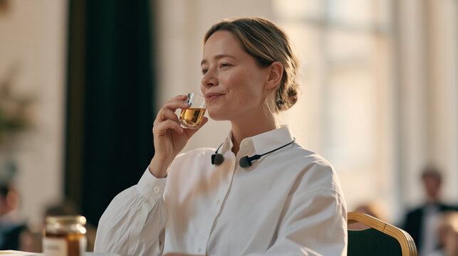 Children choir conductor tasting a warm honey and lemon remedy to check throat soothing quality before rehearsal in a rural countryside hall, protective ear monitors worn around