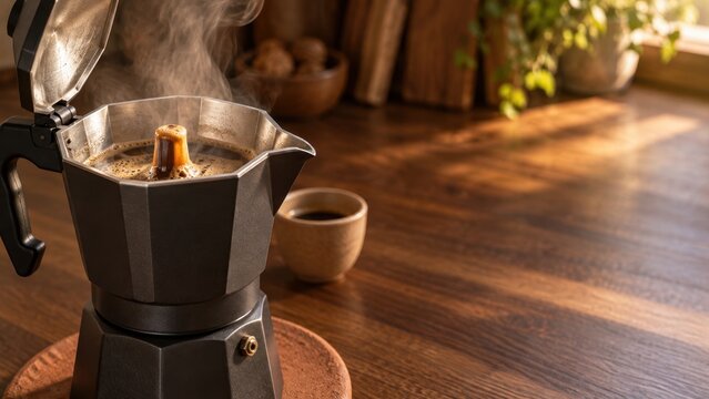 Steam rising from hot brewed coffee in classic stovetop espresso maker on wooden surface in morning light