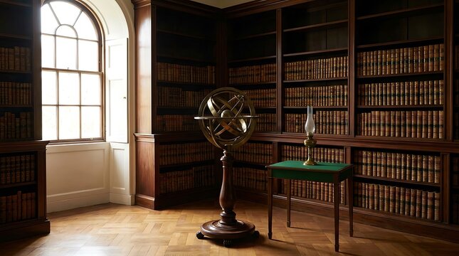 Antique armillary sphere standing on wooden table inside classic library with book racks.
