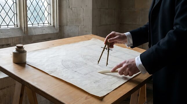 Person working on blueprint with brass compass on wooden table in historic stone chamber.