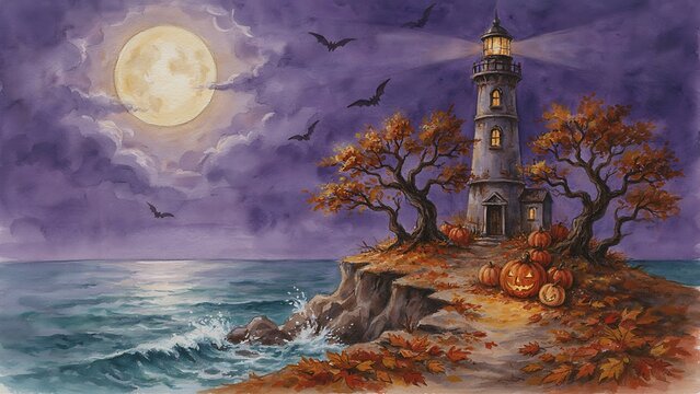 A spooky watercolor scene features a lighted stone lighthouse on a rocky bluff decorated with jack-o'-lanterns under a moonlit night sky, created with generative AI.
