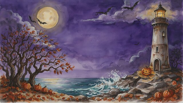 A dramatic watercolor illustration depicts a moonlit coastal lighthouse with glowing jack-o'-lanterns along a wave-swept rocky shore for Halloween celebrations, created with generative AI.