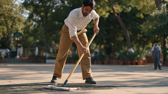 A school janitor tests a new mopping method outdoors on a sun dappled courtyard, dusty light catching the wet surface mid stroke, a nervous child rehearsing lines for a school