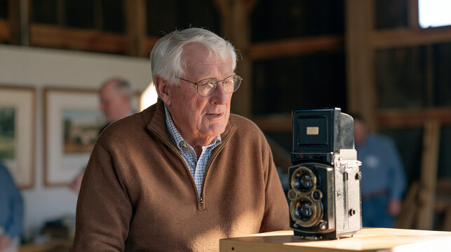 A vintage twin lens reflex camera rests in a pool of artificial light in a dim rural barn, an elderly music producer visible in soft focus behind it quietly apologizing to a