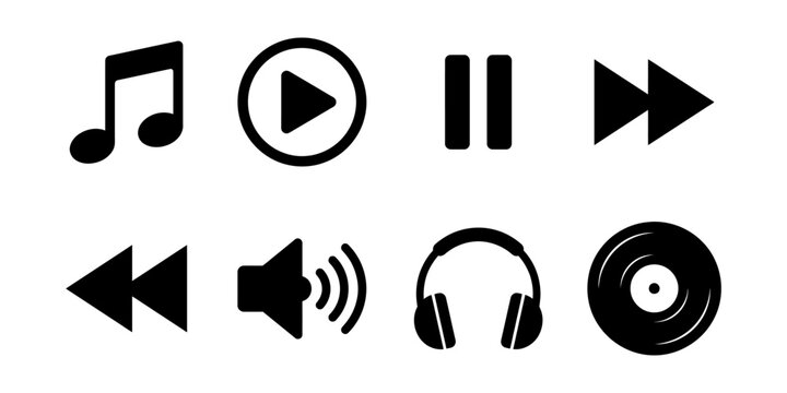 Collection of flat minimalist black music and multimedia user interface icons including play pause volume headphones and vinyl record isolated on white background for web and app design.