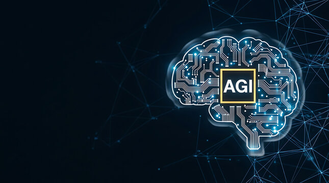 Artificial General Intelligence AGI Era Concept. AGI Digital Brain Hologram copy space