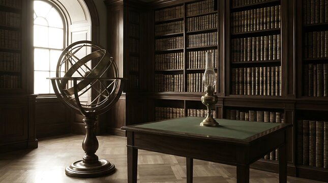 Vintage library interior featuring massive armillary sphere and classic brass oil lamp.