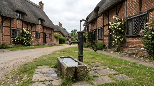 Old village street with historic thatched roof cottages and traditional cast iron pump.