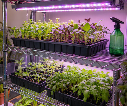 Small space seed starting rack with LED grow lights