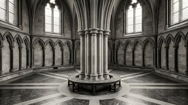Gothic chapter house interior with central stone pillar and circular wooden seating bench.