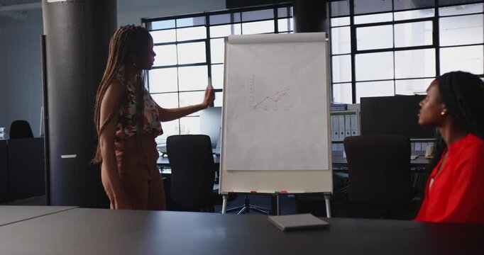 Presenting graph on flip chart, businesswoman leading office meeting with colleagues