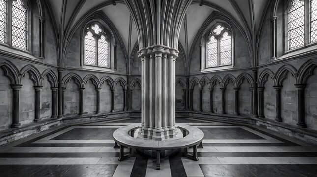 Chapter house room displays central column pillar in monochrome architectural photography.