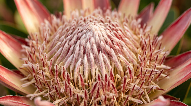 Close up macro shot of a beautiful pink king protea flower in bloom.