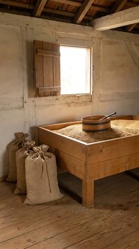 Rustic wooden grain bin filled with harvested wheat seeds inside farm barn near window.