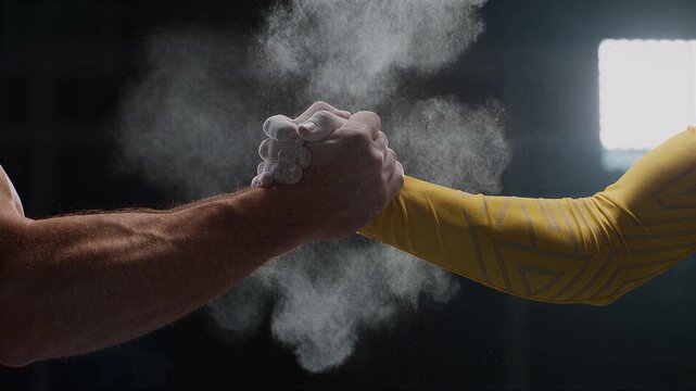 Hands high five creating a gym chalk cloud explosion in slow motion