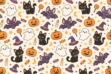 Obraz premium Halloween pattern featuring cute black cats, smiling orange pumpkins, white ghosts, purple bats, witch hats, and candies seamlessly repeated on a light beige background.