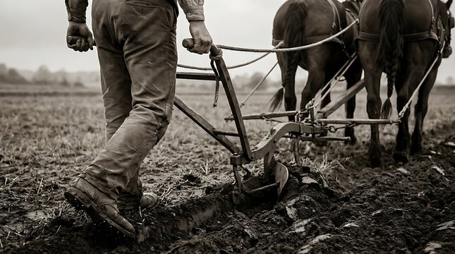 Sepia tone farmer holding wooden plow pulled by draft horses in muddy agricultural field.