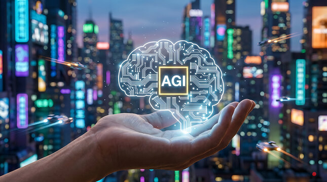 Artificial General Intelligence AGI Era Concept. AGI Digital Brain Hologram copy space