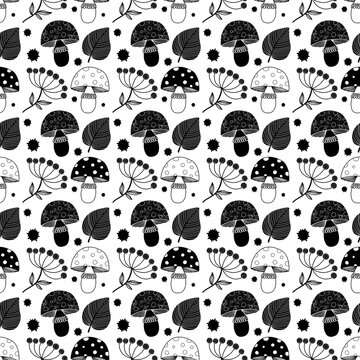 Black and white botanical seamless pattern with a transparent background. Hand-drawn style.