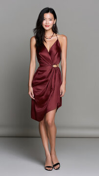 Elegant woman burgundy satin dress sleeveless v neck cutout waist standing smiling black heels