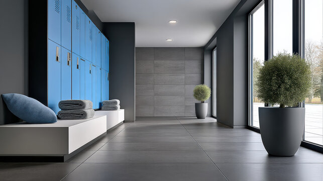 Modern locker room with blue lockers, gray floor tiles, large windows, potted plants, and folded towels creates calm