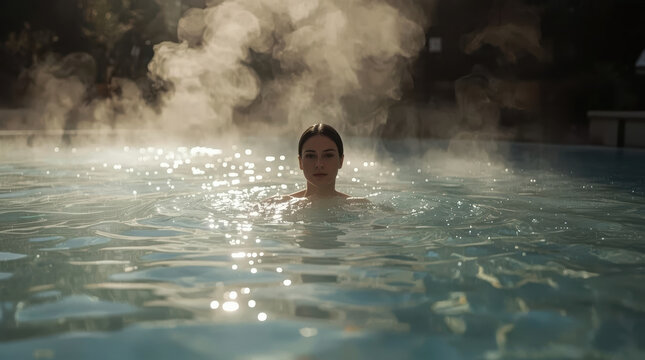 Hot spring woman silhouette calm water steam relaxation