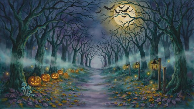 An eerie watercolor illustration shows glowing jack-o'-lanterns lining a spooky dirt trail through a dark enchanted forest under a full moon, created with generative AI.