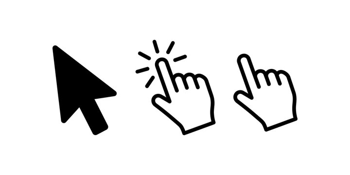 Computer cursor click pointer black icon set for digital navigation.