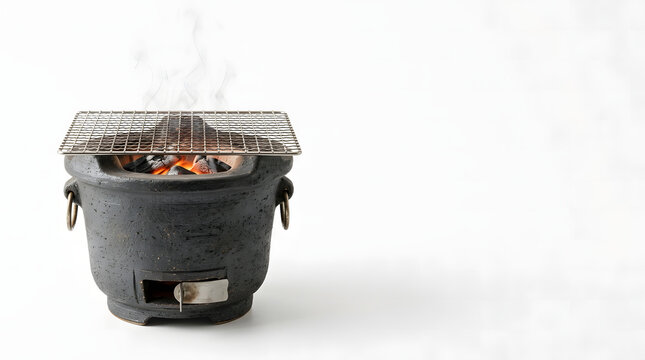 Traditional Japanese charcoal grill with glowing embers and rising smoke on a white background.