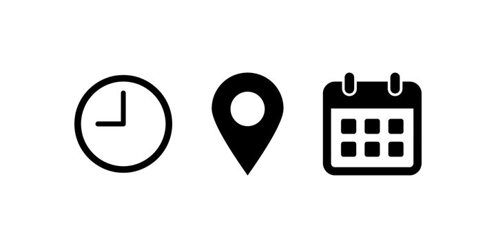 Schedule icons with clock, calendar and map pin for time management