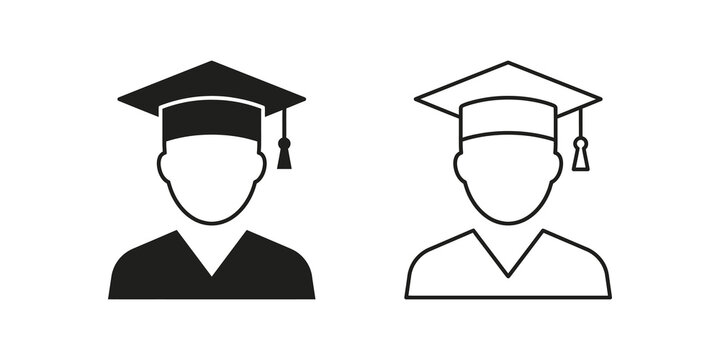 Graduated student icons black outline and solid style academic education.