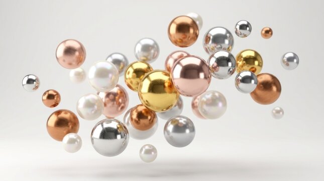 A collection of metallic spheres in various colors and sizes, floating against a neutral background.