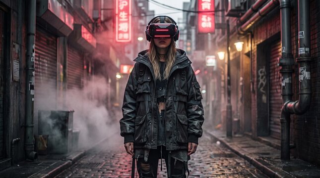 Edgy Avant-Garde Streetwear and Glossy Black VR Headset in Moody Dark Alleyway - Female Cyberpunk Portrait